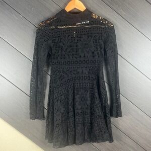 Free People Beach Womens Lace Mini Dress Lined XS Black Boho Festival